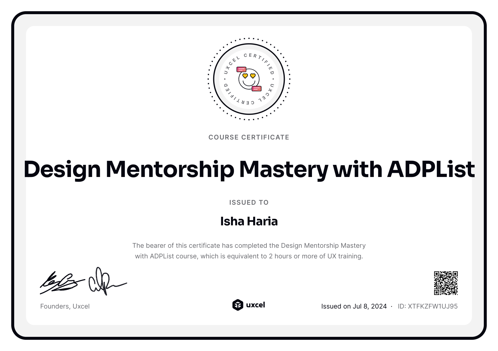 Isha Haria's certificate